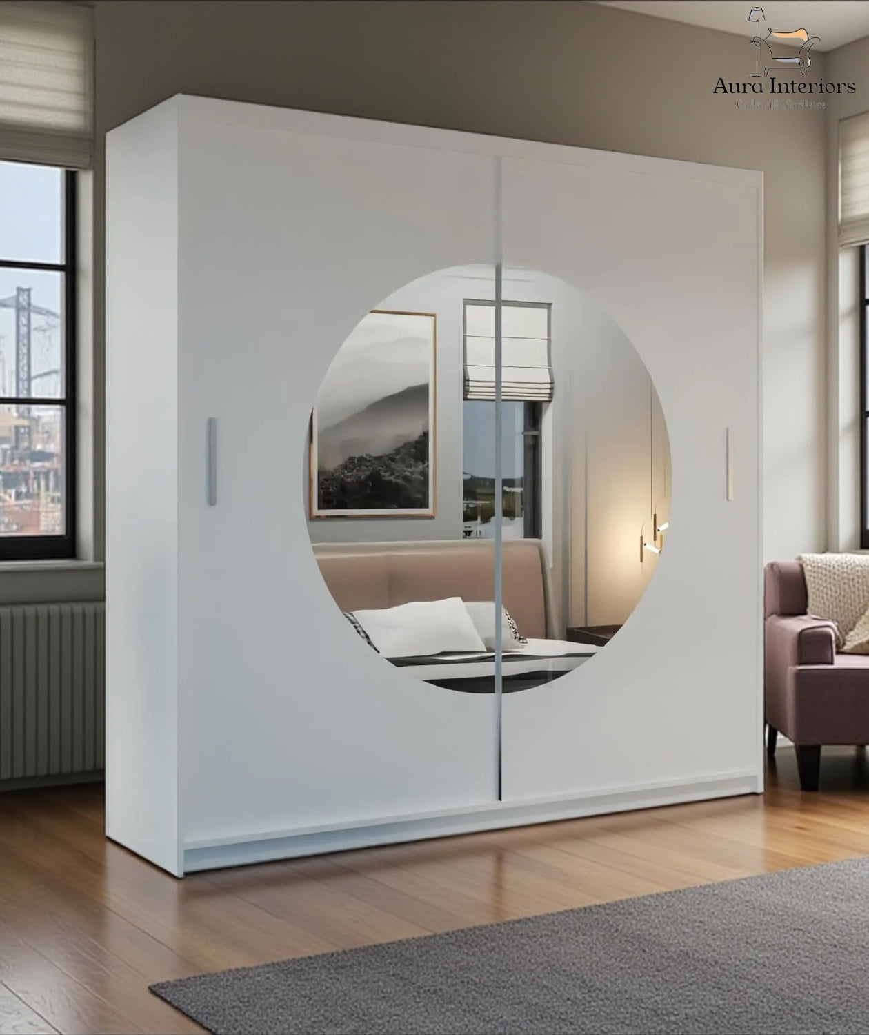 Moon Mirror Sliding Wardrobe Unique Round Design with Optional LED Lighting