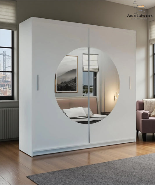Moon Mirror Sliding Wardrobe Unique Round Design with Optional LED Lighting