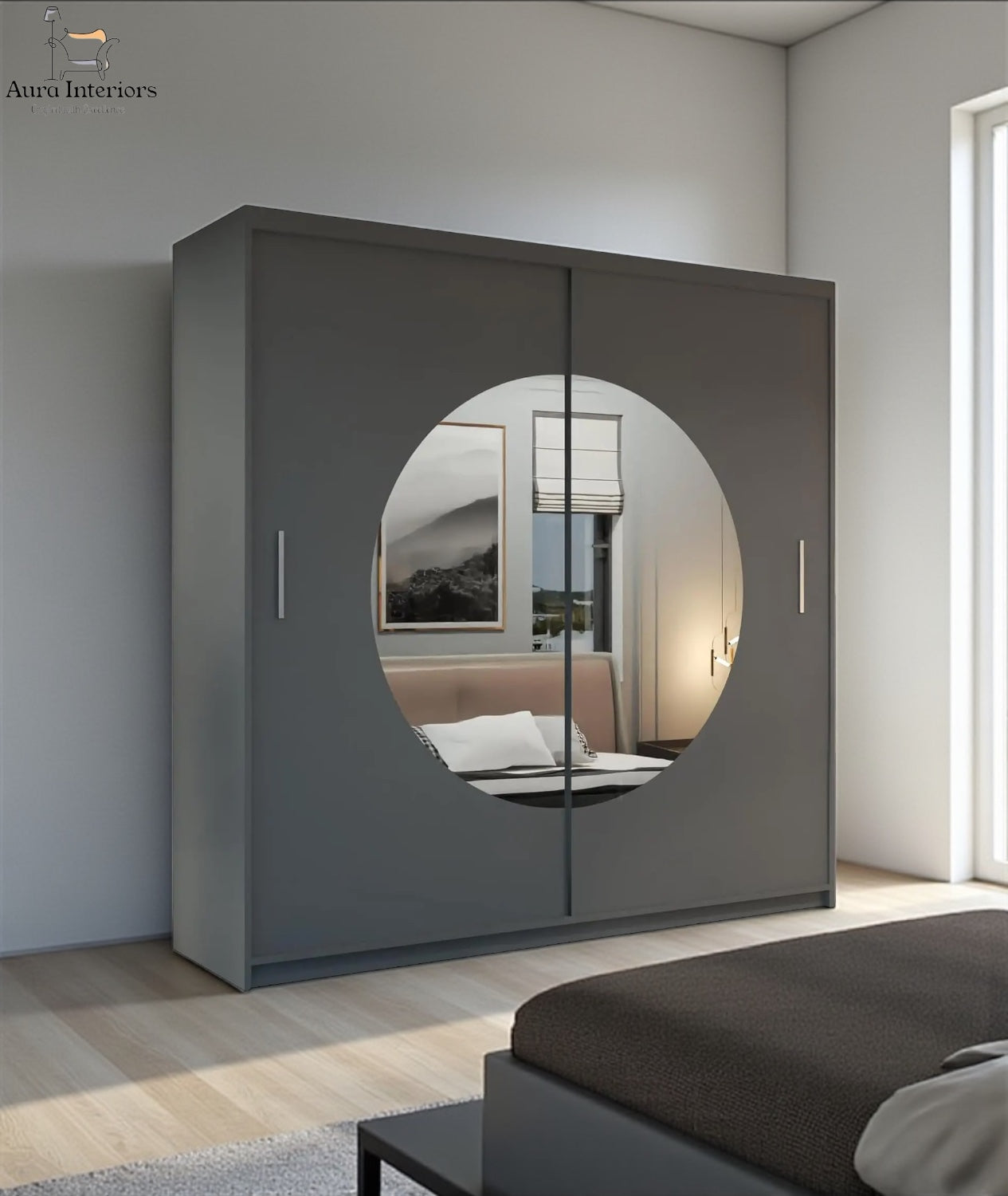 Moon Mirror Sliding Wardrobe Unique Round Design with Optional LED Lighting