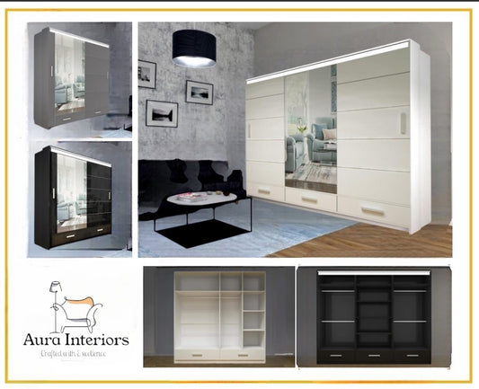 Sycylia High Gloss Wardrobe White Modern Sliding Door Storage with LED Lighting Option