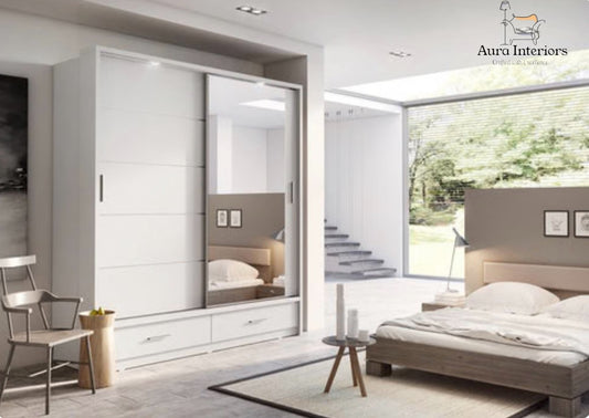 Sycylia High Gloss Wardrobe White Modern Sliding Door Storage with LED Lighting Option