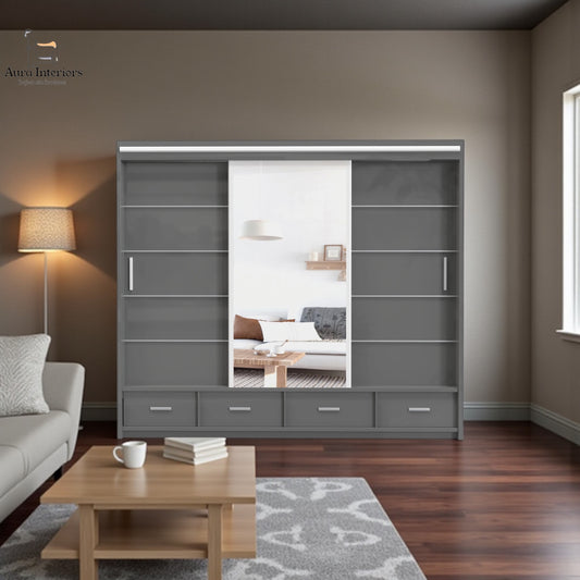 Sycylia High Gloss Wardrobe White Modern Sliding Door Storage with LED Lighting Option