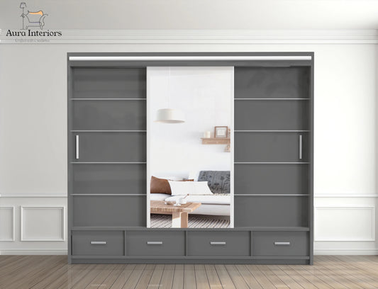 Sycylia High Gloss Wardrobe White Modern Sliding Door Storage with LED Lighting Option