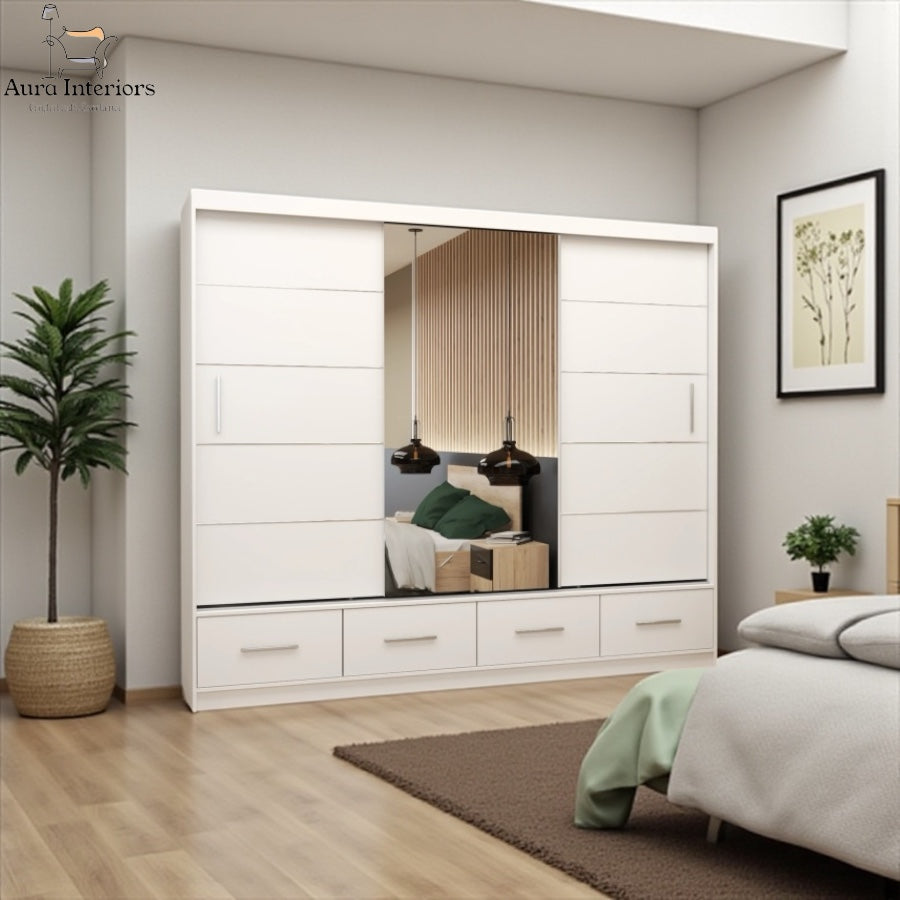 Sycylia High Gloss Wardrobe White Modern Sliding Door Storage with LED Lighting Option
