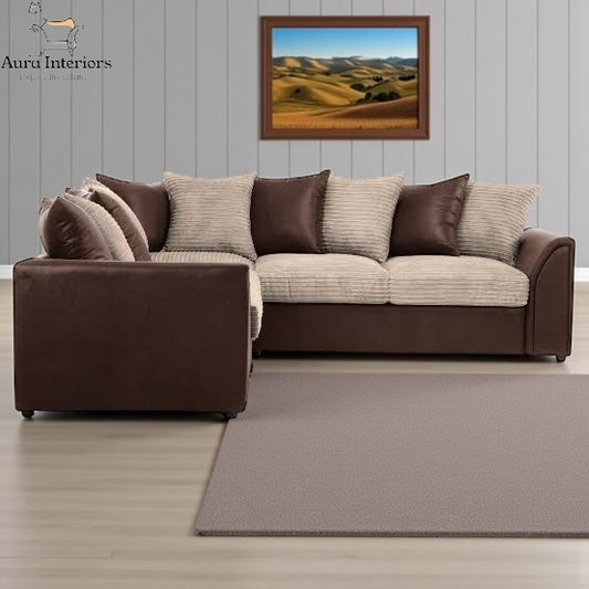 Danny Jumbo Cord 5-Seater Corner Sofa Luxury Fabric & PU Leather Design with Foam Seats