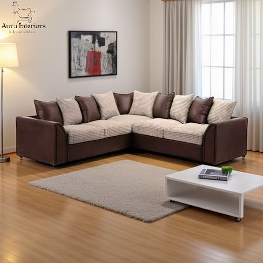 Danny Jumbo Cord 5-Seater Corner Sofa Luxury Fabric & PU Leather Design with Foam Seats